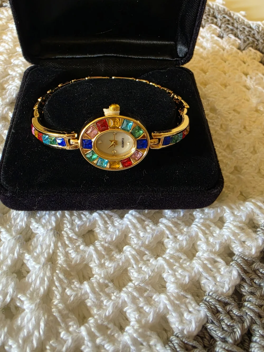 Gold-Tone Women's Bangle Watch with Multicolor Crystal Accents